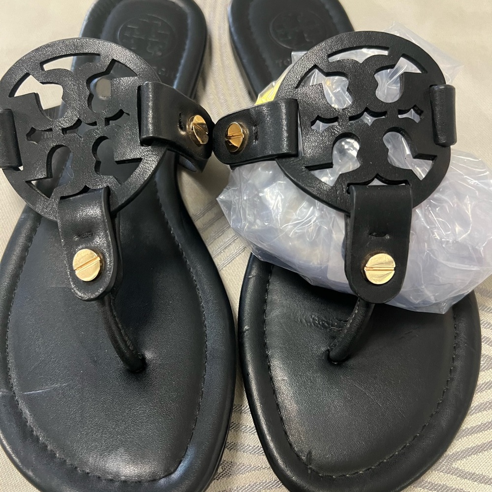 Tory Burch Black Leather Miller Sandals with Gold Hardware
